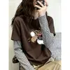 Camiseta de Manga Larga para Mujer Estilo Retro Americano Falso Dos Piezas Bloque de Color Algodón Puro Otoño Versátil Reductora de Edad Elegante Chic Moda Top