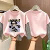 Camiseta de algodão puro de manga longa para meninas, estilo primavera e outono, corte solto, blusa base estilo duas peças falsas, gola redonda estilosa para meninas