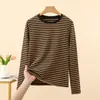 Blusa de Manga Longa com Gola Redonda Listrada de Veludo Alemão para Outono e Inverno Feminina, com Pelúcia e Espessada para Aquecimento, Casual Solta para Usar por Baixo
