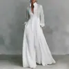 2026 Nuevo Estilo Transfronterizo Elegante Ceñidor de Cintura Adelgazante Vestido Largo de Manga Larga Plisado para Vacaciones Vestido Blanco Francés