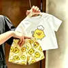 Conjunto de Top de Cuello Redondo + Pantalones de Patito Amarillo para Niños, Lindo, Manga Corta, Pantalones Cortos, Holgado, Versátil, Atuendo Infantil