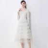 Vestido Social Elegante Retro Estilo Francés Nueva Colección Primavera 2026 con Cuello Cuadrado, Diseño Bordado Hueco y Falda Larga de Corte A