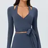 Top de yoga corto transfronterizo para mujer con tirantes, cuello en V, camiseta de fitness ajustada, entrenamiento de Pilates, deportes de running manga larga