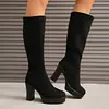 Botas largas de plataforma con suela gruesa, impermeables, tacón de bloque grueso, estilo europeo y americano para mujer, nueva colección otoño/invierno 2025, gamuza, adelgazantes, talla grande, tacones altos