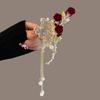 Pinza para el cabello con borla de mariposa y rosa roja de estilo antiguo para la parte posterior de la cabeza de mujer, pinza grande con clip de tiburón de alta gama.