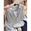 Camisa de Manga Larga con Cuello y Rayas Verticales Azules Estilo Coreano Retro para Mujer, Camisa Holgada de Verano de Gama Alta Estilo Perezoso 2026
