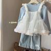 Traje para niña 2025 Primavera Nuevo Estilo coreano Dulce y Estilo occidental Malla para niña Tirantes Base Jeans Conjunto de tres piezas
