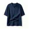 Estilo Old Money Verão Novo Top Masculino com Aparência de Linho, Leve e Respirável, Camiseta de Manga Curta com Decote V Pequeno, Camiseta de Manga Meia-Manga Tamanho Grande, Tendência