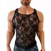 B0335 Estilo Nuevo Transfronterizo Ajustado Alta Elasticidad Encaje de Rosa Sin Mangas Top con Cuello Redondo, Top sin Mangas Sexy para Club Nocturno para Hombres