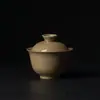 Rinyu Gui Song Glaseado Amarillo Jengibre Cálido Tazón de Cerámica Hecho a Mano de Dos Piezas con Tapa para Preparar Té Hogareño No Caliente al Tacto Tazón de Té para una Persona