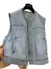 Artículos Europeos 2025 Otoño Nuevo Estilo Cuello Redondo de un Solo Botón Retro Lavado Denim Sin Mangas Chaleco Chaqueta Corta para Mujer