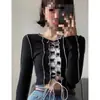 Design Moderno Estilo Francês Novo Top Cropped Feminino para Primavera com Barriga à Mostra, Mangas Longas e Detalhes de Amarração