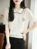 Cardigan de Punto con Cuello Polo de Lino y Perlas, Manga Corta para Mujer, Diseño Bordado en Bloques de Color, Nuevo para Primavera/Verano 2026