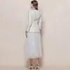 Vestido Cuadrado de Tweed con Botones de Pedrería, Ceñido a la Cintura, Efecto Adelgazante, Vestido Largo de Gasa Plisada con Cinturón Incluido