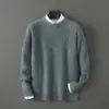 Suéter de Lana Pura 100% Grueso Jacquard de Doble Capa con Cuello Redondo para Hombre, Suéter de Lana de Punto Holgado Casual de Negocios