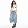 Mali & Retro Americano|Bigotes 3D Dandy|Jeans Rectos Sueltos de 3/4 para Mujer Azules de Tiro Bajo