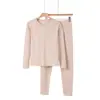 Conjunto térmico de lana y seda para mujer, cuello redondo, resistente al frío, sin costuras, antiestático, generador de calor y engrosado para otoño e invierno