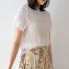Gola alta elegante! Crepe de seda texturizado! Camiseta leve de manga curta, top simples de corte reto para o verão