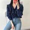 Camisa de cuello de muñeca irregular con parte superior de punto polar, mangas abullonadas, holgada y antiedad, fresca para primavera y otoño