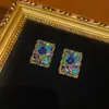 Pendientes Cuadrados de Bronce Antiguo Chapado en Oro Desgastado de 18 Quilates con Pedrería Azul Verdosa Resistentes Uso Diario de Nicho