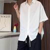 Camisa de Seda Negra Gelo de Manga Curta para Homens no Verão, Peça Atemporal, Mangas Três Quartos Fluidas, Solta, Camisa de Alta Qualidade e Elegante