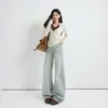 Jeans acampanados lavados de estilo coreano casual de tiro bajo en color Naranja Juvenil para mujer, corte holgado, adelgazantes, favorecedores, con caída, versátiles, pantalones de largo hasta el suelo