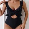 Traje de baño de una pieza con volantes de color sólido estilo europeo y americano para mujer, bikini sin espalda, traje de baño de playa 2026