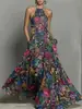 Vestido de Verano 2026 Nuevo Estilo Transfronterizo con Estampado de Plantas y Flores, Cuello Halter, Hombros Descubiertos, Delgado, Largo con Dobladillo Amplio y Fluido
