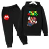 Sudadera con Estampado de Dibujos Animados Mario 2025 para Niños, Conjunto de Manga Larga, Primavera, Niños y Niñas, 2 Piezas Pantalón + Sudadera con Capucha
