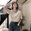 Nueva Camiseta de Verano Estilo Universitario Holgada Adelgazante a Rayas para Estudiante Tops para Mujer Camiseta de Manga Corta Trendy para Mujer