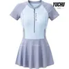 Maiô peça única estilo vestido de manga curta color block novo 2026 para mulheres, esportivo, simples, para praia, fontes termais, férias e uso casual