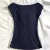 Nuevo top simple de verano para mujer, patchwork de encaje azul marino, corte ajustado, sexy, cuello en V, manga corta, camiseta, venta al por mayor