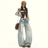 Jeans retro americanos azul claro con dobladillo curvo para mujer, nuevo estilo primavera y otoño, lavados con efecto bigotes de gato, de cintura alta, holgados, pierna ancha, pantalones largos hasta el suelo
