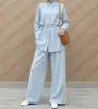 M369# Malásia Transfronteiriço Moda Feminina Cor Sólida Conjunto Moda Camisa de Manga Longa com Cordão + Calça Longa de Perna Larga Conjunto de Duas Peças