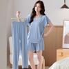 Pijama de Verano Fresco de Tres Piezas Color Sólido Coreano Modal Manga Corta Pantalones Cortos Ropa de Casa con Almohadilla en el Pecho Set