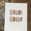 Un par de uñas postizas Gu [Sombra Marrón Floral] estampado de leopardo otoñal floral francés degradado rosa nude marrón color café hechas a mano