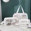Bolsa de tres piezas transparente de PU para maquillaje y artículos de tocador, bolsa de baño de PVC de gran capacidad, bolsa de almacenamiento portátil semitransparente esmerilada para mujer