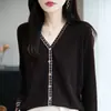 Cardigan de Punto con Cuello en V de Lana Peinada Estilo Retro Nuevo Otoño e Invierno Chaqueta Superior Jacquard de Contraste para Mujer de Manga Larga
