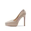 Tacones altos de punta 1263-1 de charol nude, elegantes y con estilo, con plataforma impermeable y tacón delgado, cómodos para usar durante períodos prolongados y con una abertura poco profunda.