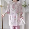 Familia Algodón Seda 2026 Nuevo Estilo Chino Pijama de Algodón Seda para Mujer, Conjunto de Manga Corta de Algodón Artificial Estilo Chino, Se Puede Usar Afuera, Estilo Delgado