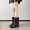 Botas vaqueras occidentales para mujer Otoño/Invierno 2026, fruncidas, apiladas, cuero de ultra fibra, punta cuadrada negra, tacón grueso retro, botas de montar para mujer