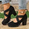 Novos Sapatos de Salto Bloco com Tira Cruzada e Bico Redondo Amazon 2026 Outono Feminino Decotados Salto Alto Sapatos Mary Jane 43