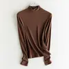 Camiseta Básica de Tricô com Elastano e Toque de Seda, Slim Fit, Top Quente para Mulheres, Cor Sólida para Outono e Inverno, Camada de Base Emagrecedora