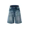 Shorts de mezclilla lavada estilo retro americano con diseño de bigotes de gato, unisex, pierna recta, corte holgado, verano, desgastados, marca de moda