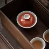 Moji Alum Rojo Esmalte Tapa Antigua Cuenco Juego de Té Kung Fu Cerámica Cuenco para Té de Roca Oro Ciruelo Orquídea Bambú Crisantemo Imitación Cuenco para Té con Espuma Caliente