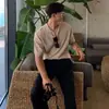 Camisa polo com gola de lapela, decote V, gola de gaivota, manga curta de tricô, listrada masculina, estilo old money, seda gelada, respirável, atacado de fábrica transfronteiriço