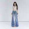 Jeans juveniles acampanados de tiro bajo con estampado de bambú en color naranja para mujer, corte holgado, adelgazantes, con caída, casuales, versátiles, pantalones de largo hasta el suelo