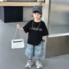 Conjunto de verão em jeans com mangas curtas e brilho para meninos, roupa casual estilosa e legal de duas peças para crianças, roupas de bebê da moda