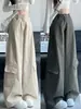Calça cargo retrô cáqui para mulheres, novo estilo outono 2026, cintura alta, solta, perna larga, calça reta casual que afina