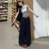 Jeans Azul Escuro de Cintura Alta Wide Leg para Mulheres Design Primavera e Verão 2025 Calças Compridas até o Chão Largas Drapadas Retas Tendência
